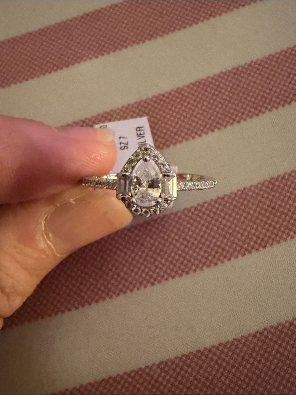 Silver 925 Clear Teardrop Halo Ring with Baguette Accents Moissinate Size 7